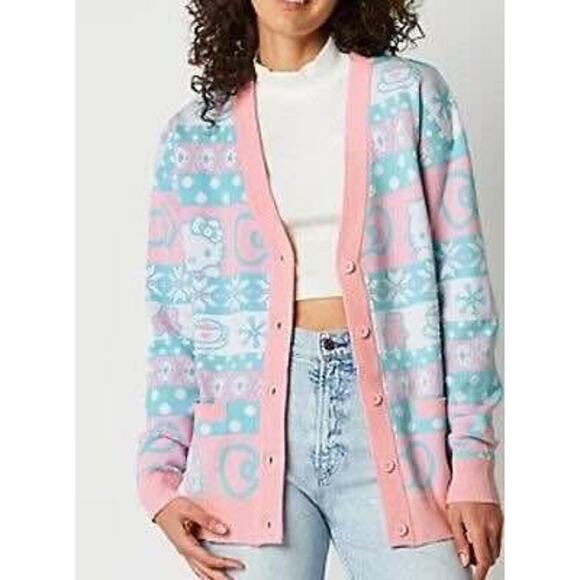 Sanrio Hello Kitty XXL Pink Blue Winter Hot Chocolate Coffee Tea Button Cardigan - Picture 1 of 6